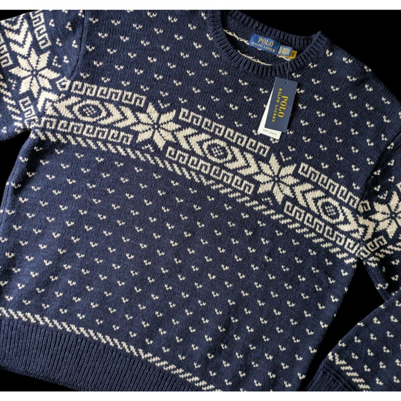 Polo Ralph Lauren Navy Blue Fair Isle Cotton Cashmere Blend Sweater New Size XL - Picture 7 of 9